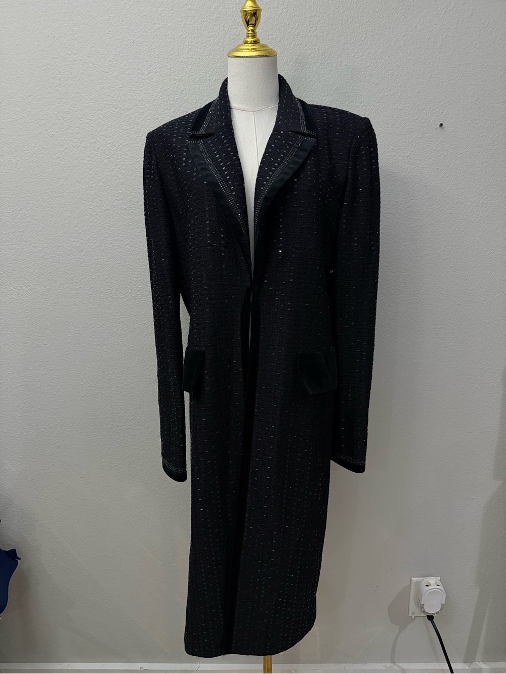 St. John Evening Black Long Coat with Shiny W Rhinestones Sz 14